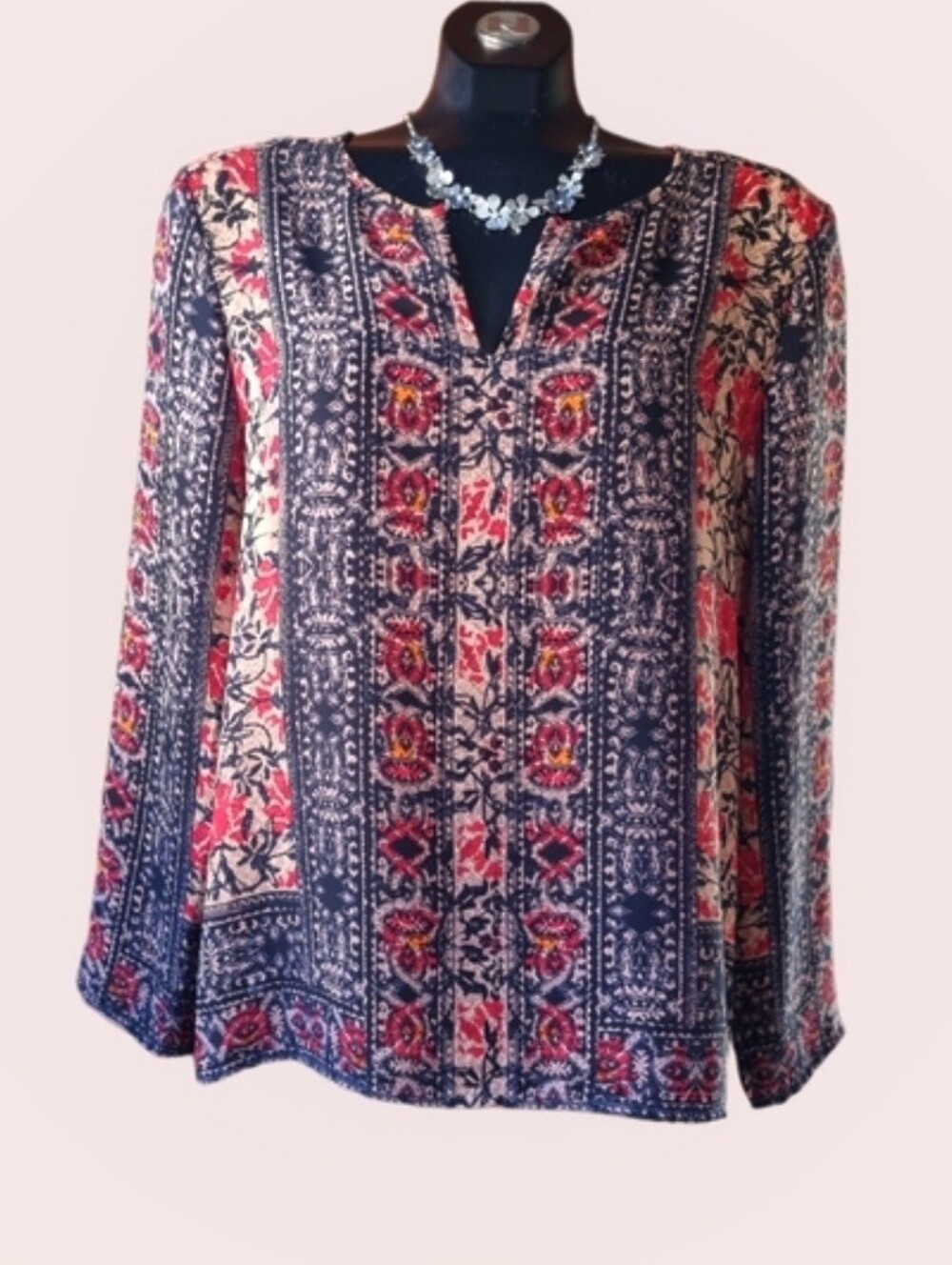 Women's Boho Navy Floral Print V-Neck Lightweight Peasant Blouse Size L